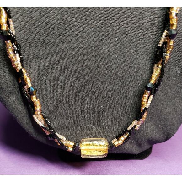 Gold Foiled Glass Black & Gold AB Glass Bead Necklace W/ 14KGF Matching Earrings - Picture 3 of 12